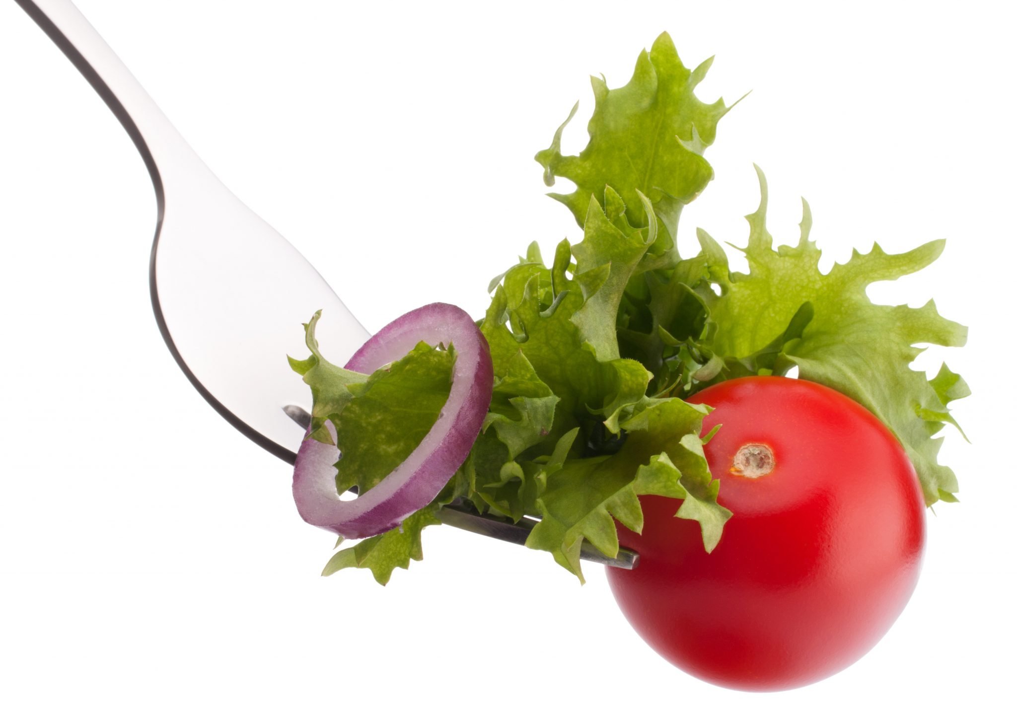 Fresh salad and cherry tomato on fork isolated on white backgrou