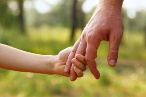 father's hand lead his child son in summer forest nature outdoor