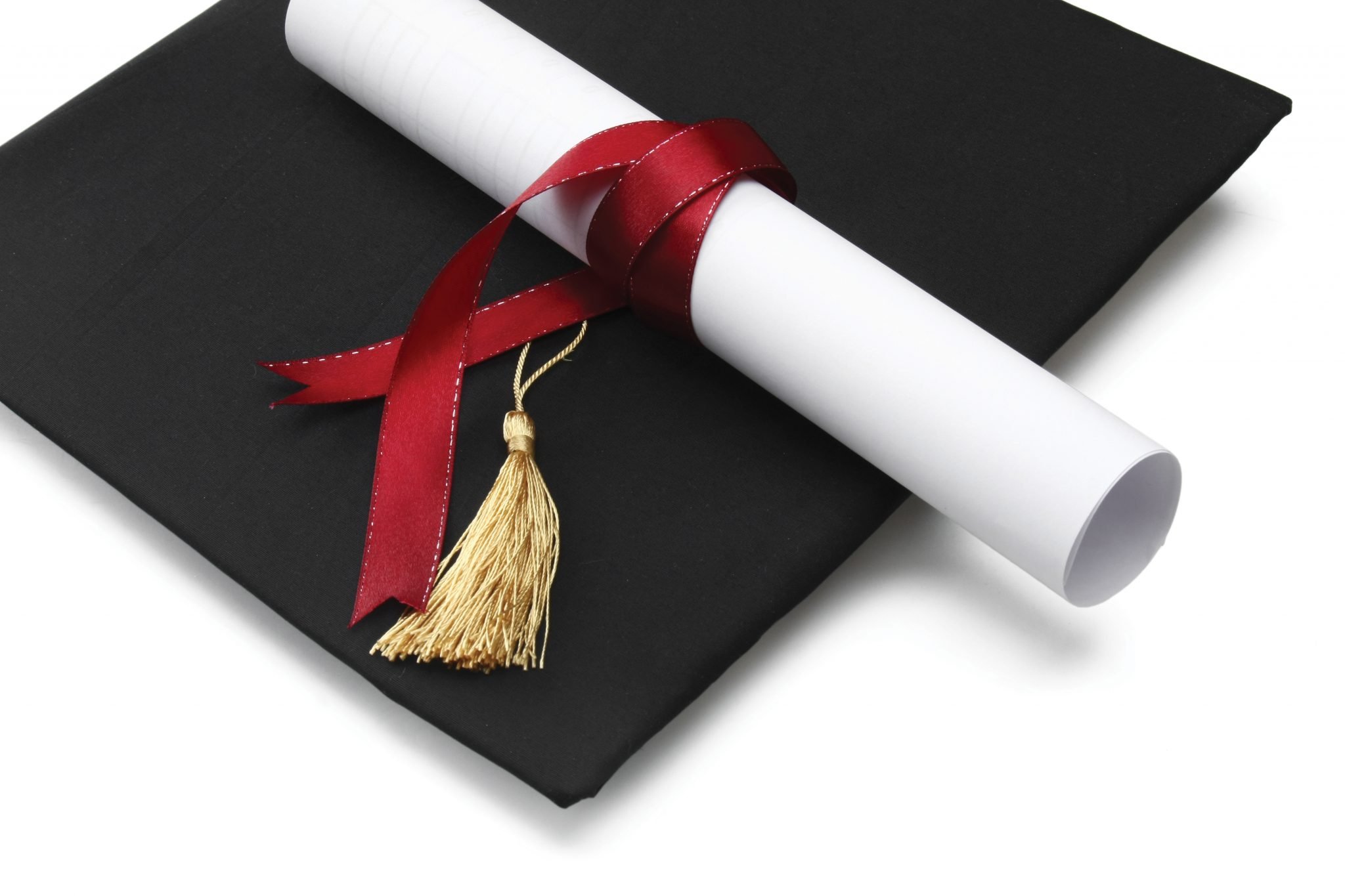 book, diploma and graduation cap isolated on white